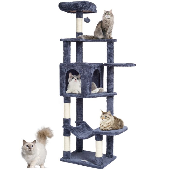 Meilleurs prix pour Vevor Arbre à chat pour chats d’intérieur, 60,6", griffoir en sisal, hamac, perchoir, plates-formes de saut, gris foncé