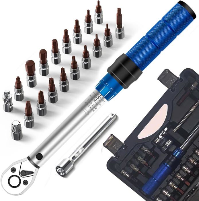 Lot de 21 clés dynamométriques pour vélo et moto 1/4 5-25 Nm avec outil de précision avec six pans creux et embouts Torx pour