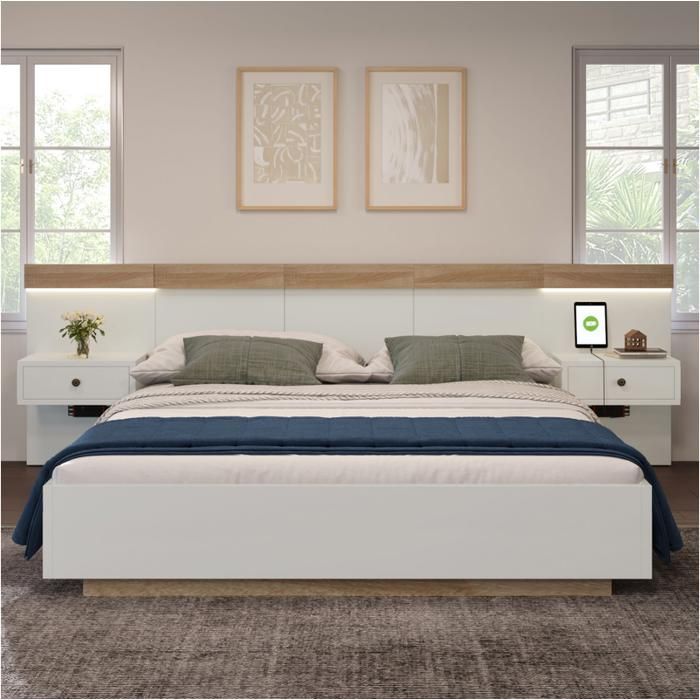 Lit double avec 2 commodes de chevet LED et prise USB C 140 x 200 cm lit en bois incl. 2 tables de chevet --blanc (sans matelas)