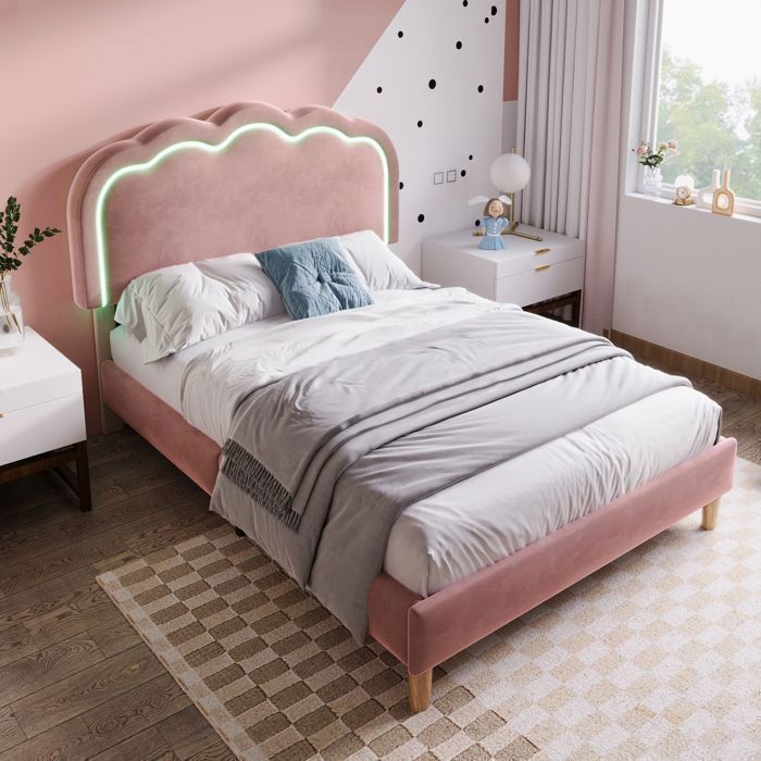 Lit Rembourré 90x190cm Velours Rose LED Tête de lit réglable - Lit Enfant - Sommier à lattes inclus Confortable Design Moderne