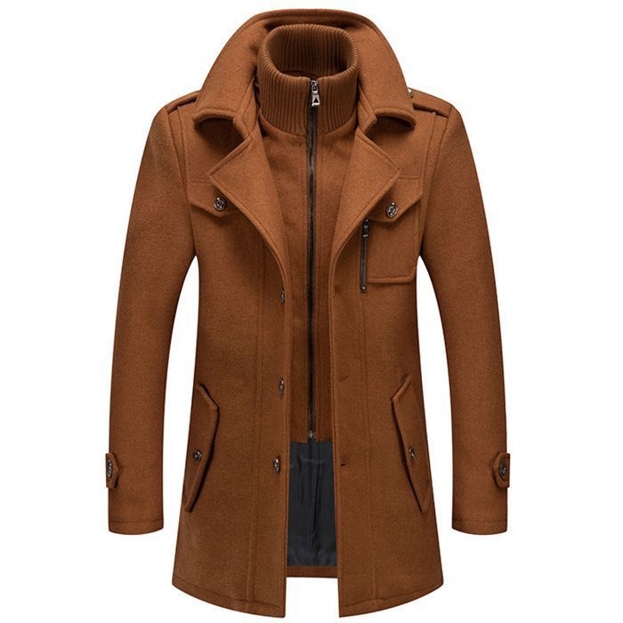 Blouson de Ski Homme Laine Mi-Longue Double Col Veste de Ski Casual Manteau Homme Chaud Exercice en plein air Couleur camel