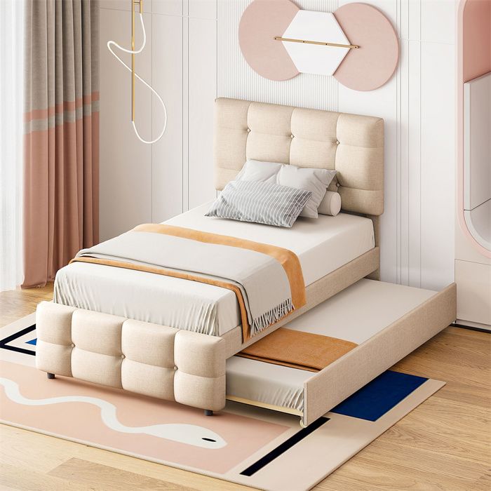 Lit gigogne 90 x 200 cm rembourré en lin beige – tête de lit réglable sommier à lattes inclus 1 place (cap. 150 kg)