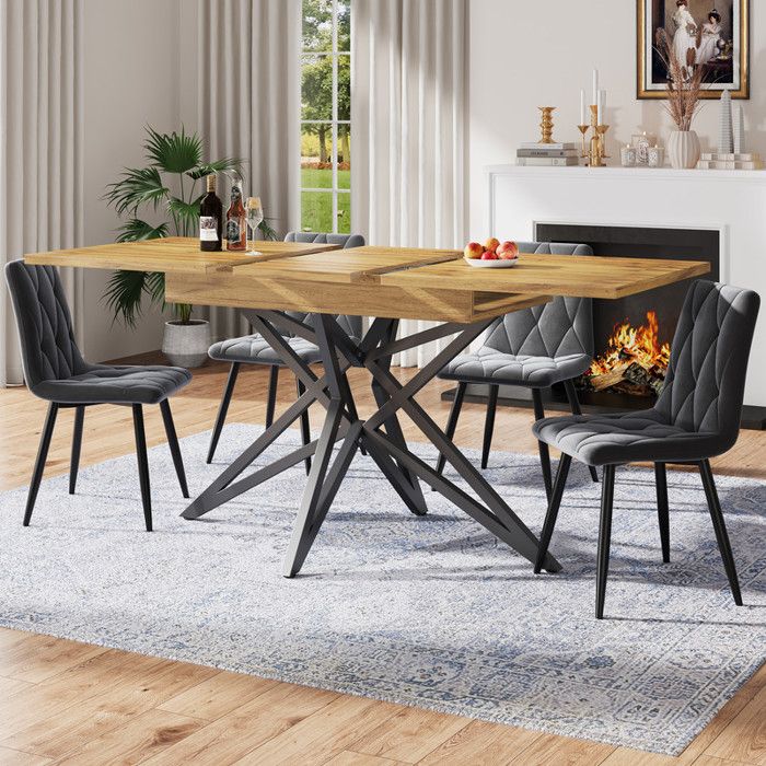 Table à Manger rectangle Extensible 120-160cm avec 4 Chaises - Ensemble 5 Pièces Noyer et Velours Gris Moderne Salle à manger/salon