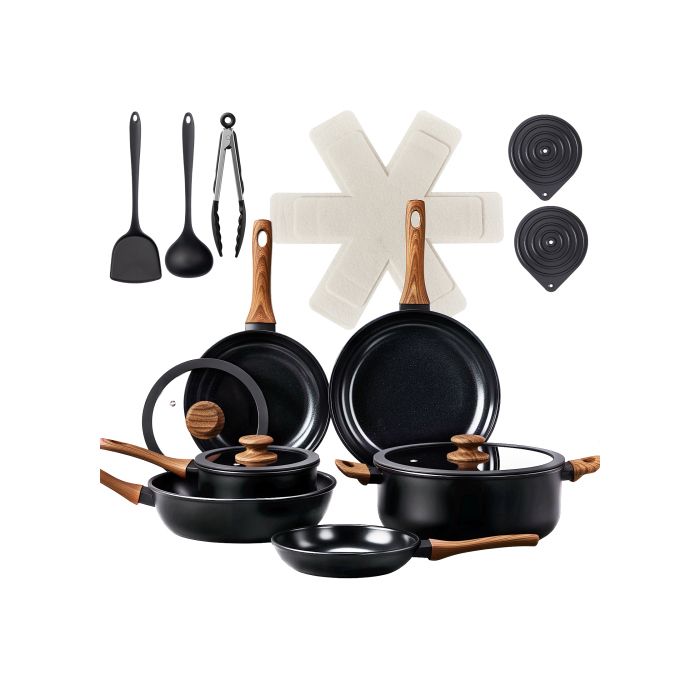 Batterie de cuisine - ALIGHTUP - Ensemble de cuisine 20 pièces 3 Poêles + 1 Sauteuse + 1 Casserole +1 Faitout- Noir