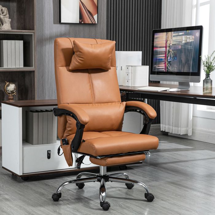 Fauteuil de bureau ergonomique massant chauffant en PU avec repose-pieds têtière sur roulettes revêtement synthétique marron