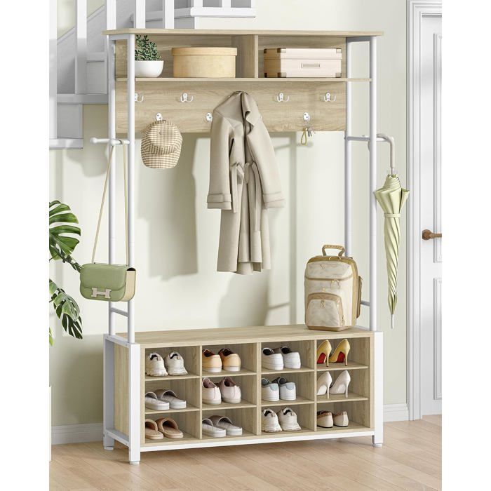Porte-Manteau Meuble dEntrée avec Banc à Chaussures 14 Compartiments Ouverts 13 Étagère pour Entrée Couloir Chêne et Blanc