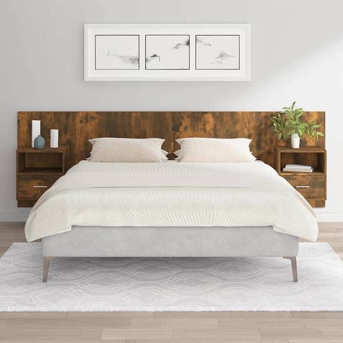 Tête de lit avec armoires - vidaXL - Chêne fumé - Bois dingénierie - 160x1 5x80 cm - Tables de chevet flottantes Tête de lit avec armoires - vidaXL - Chêne fumé - Bois dingénierie - 160x1 5x80 cm - Tables de chevet flottantes