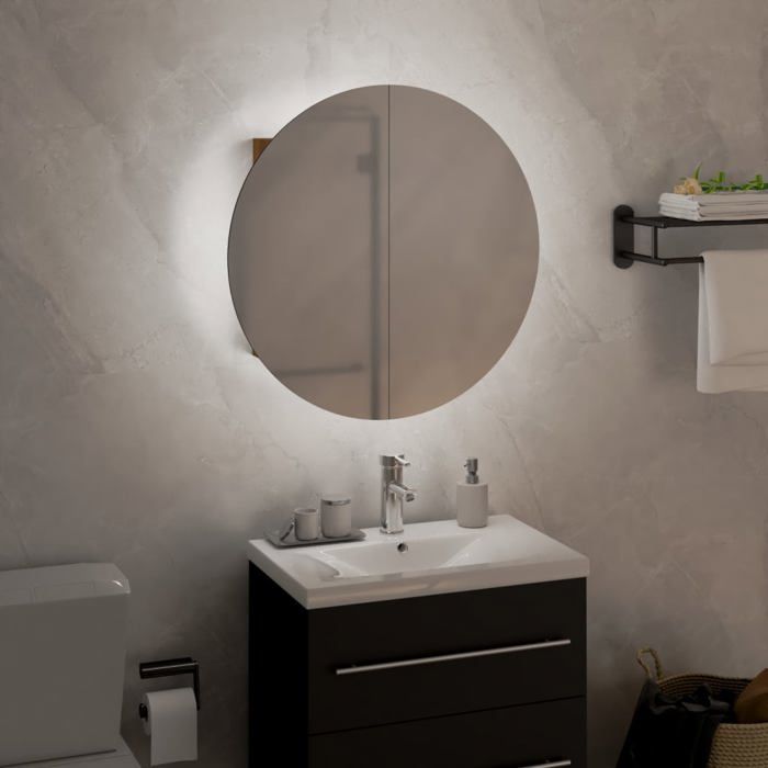 Armoire de salle de bain avec miroir LED - vidaXL - 40x40x175 cm - Chêne - Miroir rond 60 cm - Lumière LED blanche