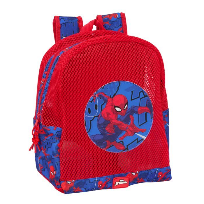 Sac à dos de plage anti-sable - safta - Spiderman - 32x12x38 cm - Rouge Bleu - Maille anti-sable - Double tirette