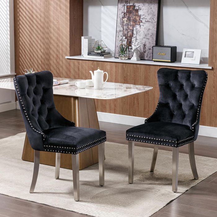 Lot de 2 Chaises de Salle à Manger Chaise de Cuisine Dossier à Ailes Pieds en métal argenté Rembourrée Noir velours