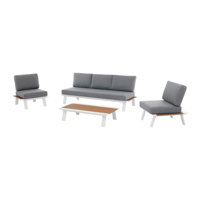 Salon de jardin en aluminium : un canapé 3 places 2 fauteuils et une table basse - Naturel clair et coussins anthracite - MALLY de