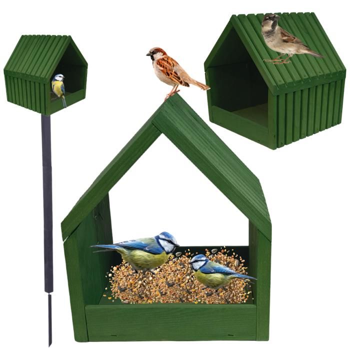 MODO24 Mangeoire oiseaux sur pied bois étanche avec toit nichoir cabane jardin/balcon toute saison montée 117x24x22 cm vert