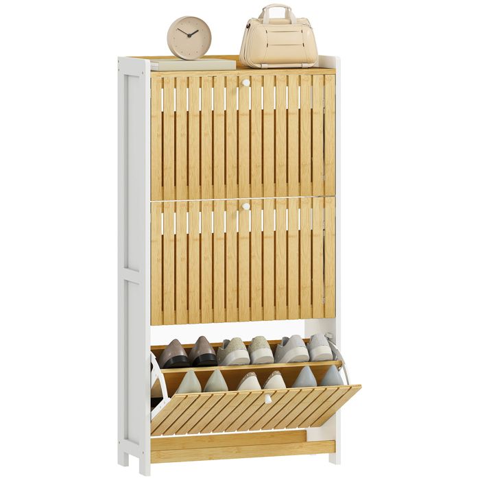 Meuble à chaussures - HOMCOM - 18 paires - 3 tiroirs rabattables portes en bambou à lattes - 60x24x118cm - noir et bois naturel