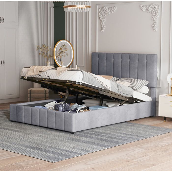 Lit double coffre gris 140×200 cm avec sommier inclus tête de lit réglable structure stable