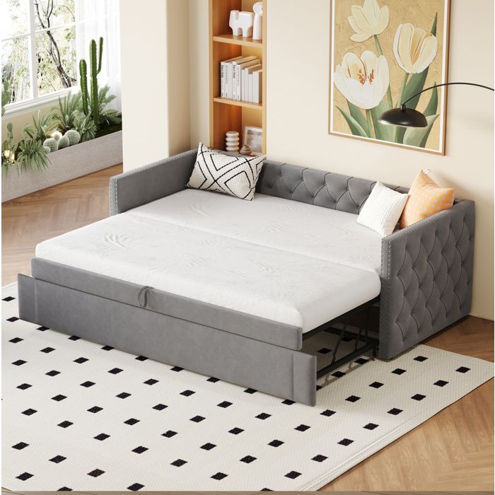 Lit banquette convertible en velours gris avec capitonnage sommier à lattes