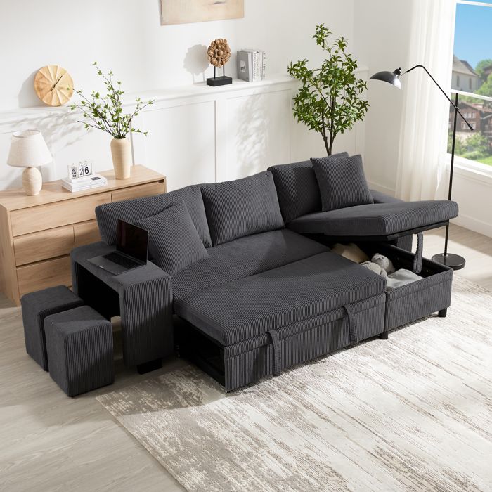 Canapé d’angle convertible en velours côtelé avec rangements et chargeur USB/Type‑C