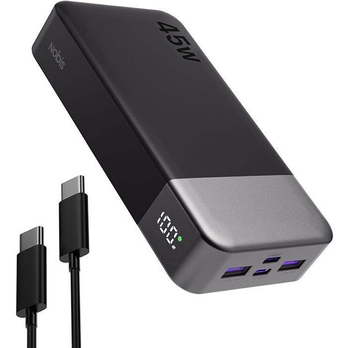Batterie Externe 20000mAh 45W Nobis Power Bank 4 Ports  Recharge Rapide  Écran LED Digital Compatible MacBook Téléphone Noir