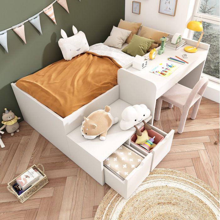 Lit enfant blanc 90 × 200 cm avec bureau 2 tiroirs et rangement
