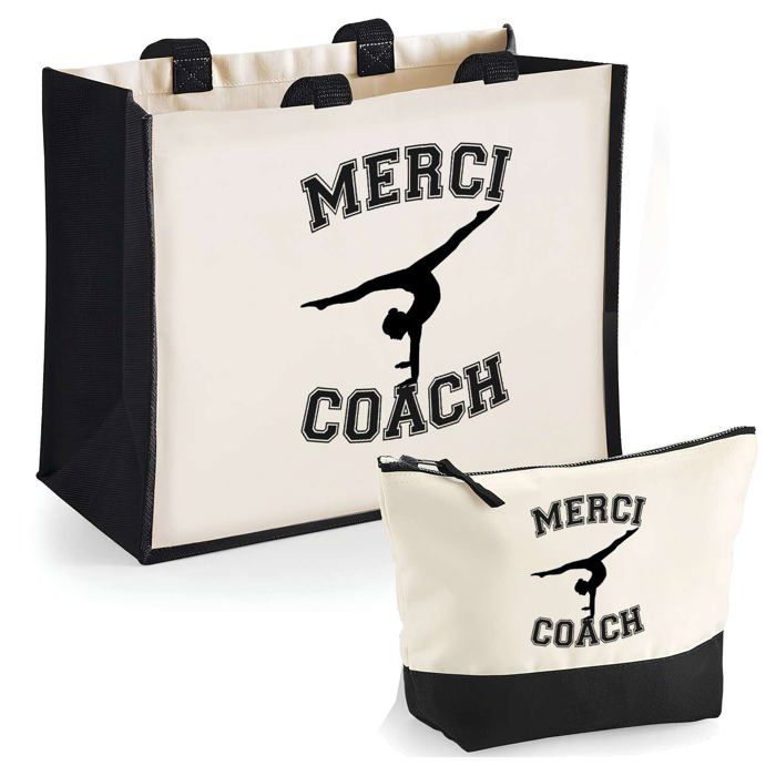 Duo cabas jute et trousse Merci Coach Gymnastique Cadeau Collègue Anniversaire Noël  Sac de courses Pochette Maquillage Shopping
