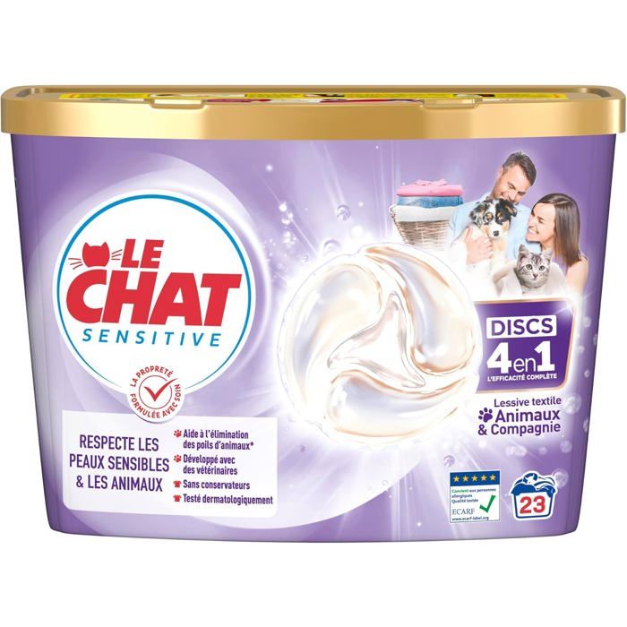 Le Chat Lessive en Capsule 4 en 1 Sensitive Animaux Compagnie Respecte les peaux sensibles les animaux Aide a lelimination des