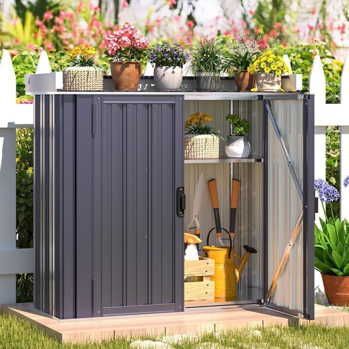YODOLLA Armoire de Jardin Gris - Plan de Travail Intégré et Étagères Réglables - Résistant à la Pluie et Rouille - 97 x 34 x 93 cm