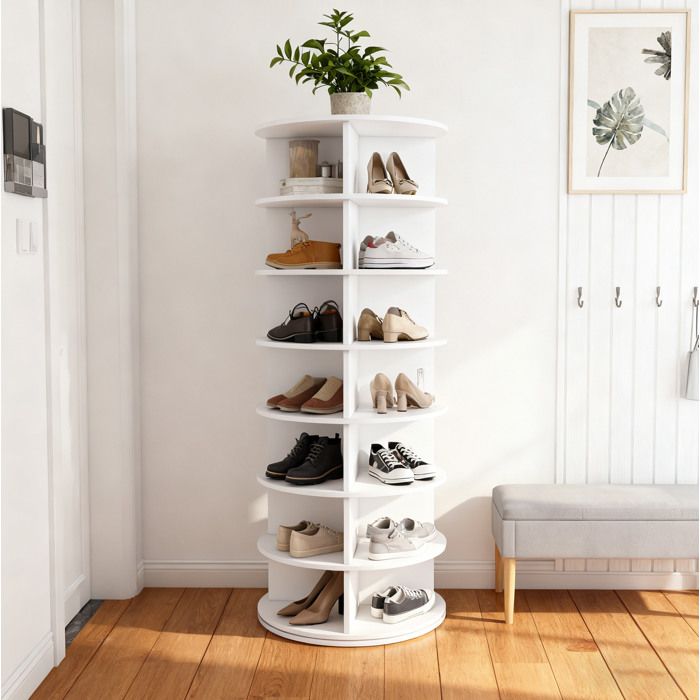 Meuble à Chaussures Rotatif 360° 7 Niveaux 28 Paires et Montage Facile - BEAUNIV - pour Entrée Blanc PVC 60×60×161 cm