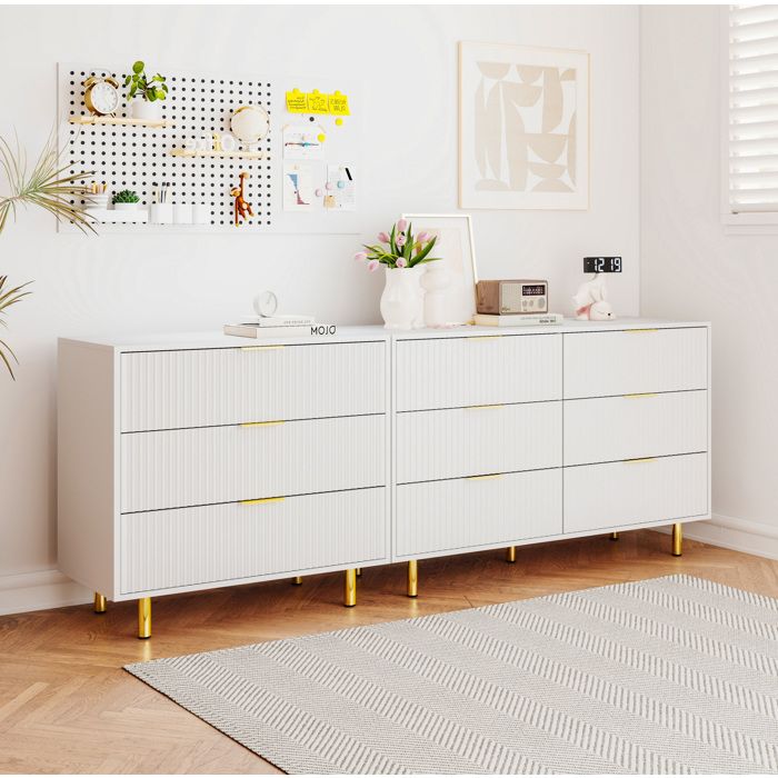 MEUVYX Buffet bas modulable 9 tiroirs avec poignées métalliques blanc et doré MDF 200 × 40 × 72 cm
