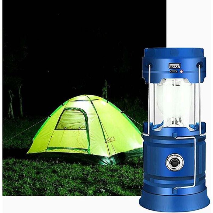 Lanterne LED Rechargeable Solaire/USB Lampe Camping Puissante 2 Modes Lanterne de Jardin Portable Torche 360° Eclairage (Bleu)
