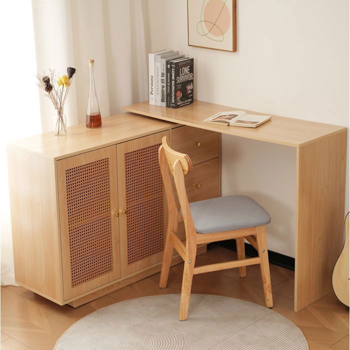 WUVRIE Bureau dangle pivotant 126 cm avec rangement 2 portes cannage 3 tiroirs MDF effet bois naturel