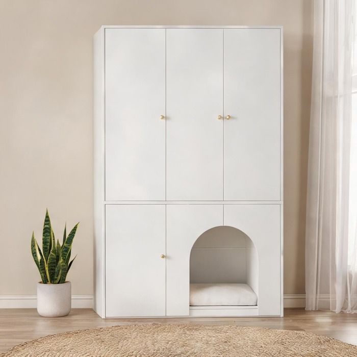 Armoire 3 portes 200 cm avec niche pour animal MDF soft white dressing et espace détente 120x50 cm