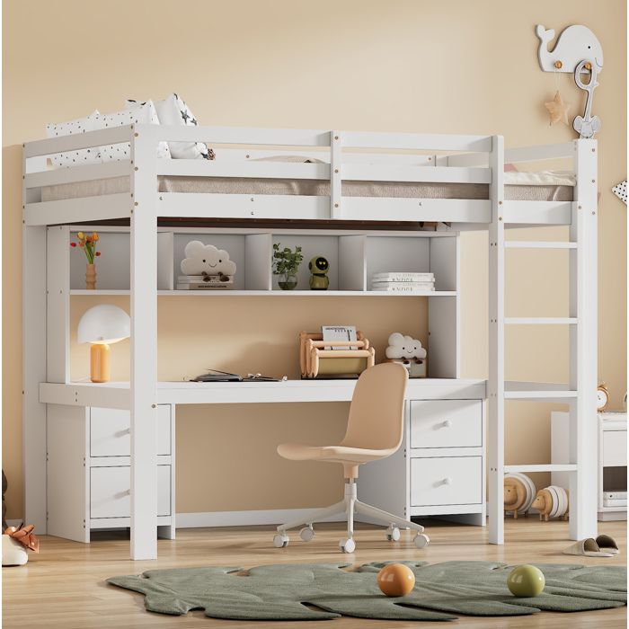 Lit mezzanine enfant 90 x 200 cm EVRYAE avec bureau intégré 4 tiroirs et 4 niches pin et MDF blanc
