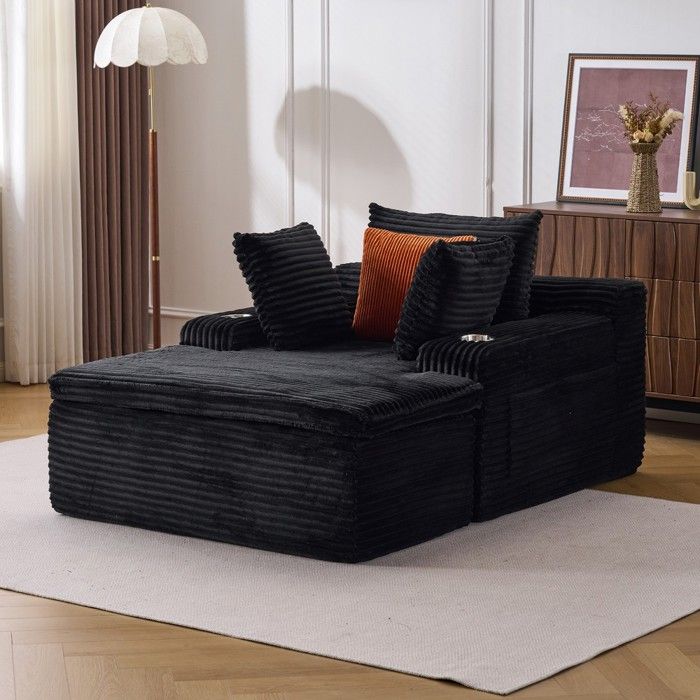 Canapé convertible dangle moderne en tissu noir avec 3 places repose-pieds et coffre de rangement sans montage
