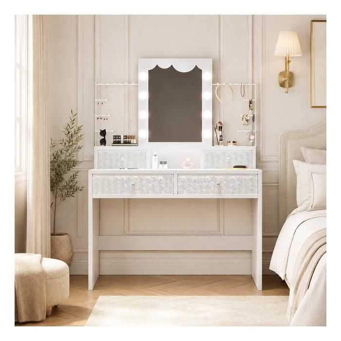 Coiffeuse 100x40 x143cm avec Miroir LED 4 Tiroirs en tissu à texture rose  3 Modes D’Éclairage étagère à bijoux amovible，Blanc