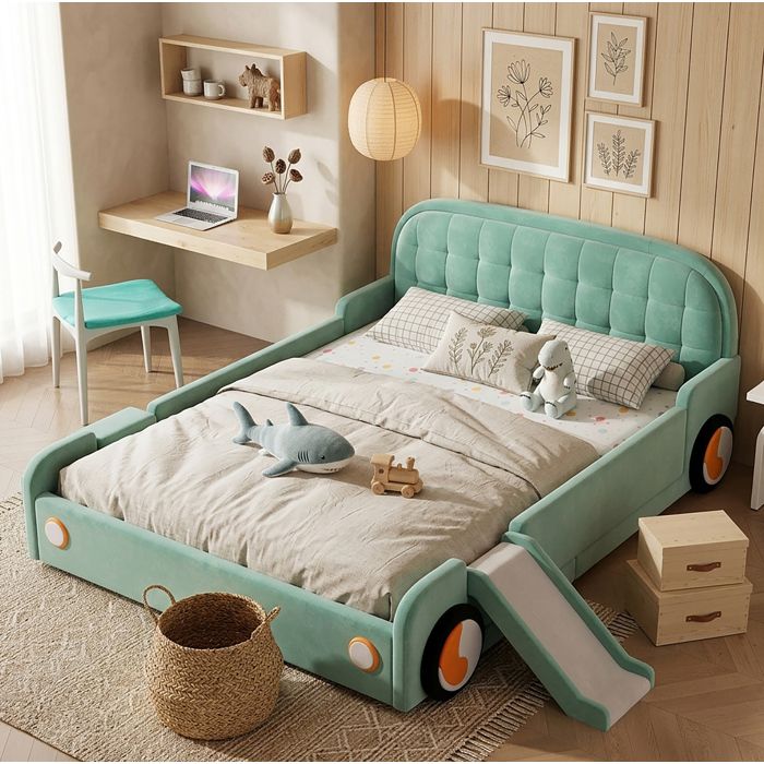Lit combiné enfant 140×200 cm voiture avec toboggan escalier réversible et barrière sans matelas - UVRION