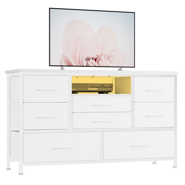 Meuble TV 8 tiroirs profonds avec éclairage LED et prises intégrées – rangement chambre salon entrée – Plateau bois -blanc