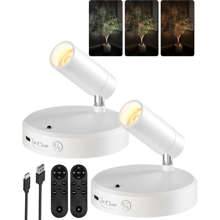 Spot LED mural sans fil rechargeable 5500 mAh - lot de 2 - éclairage directionnel 350° 3 couleurs télécommande blanc