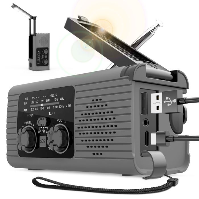 Radio urgence solaire - AM FM NOAA Lampe LED SOS - Camping voyage - Gris