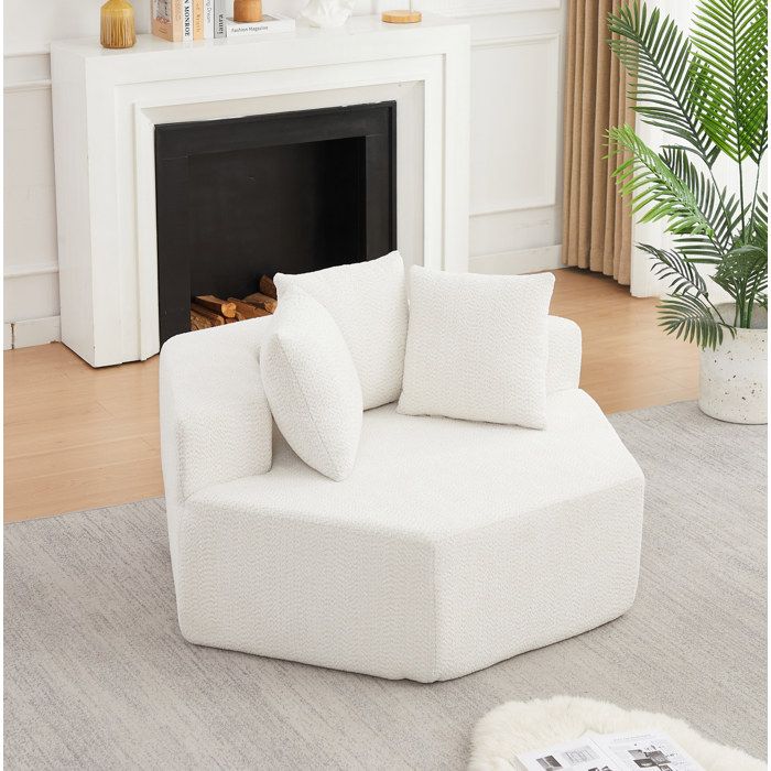 Fauteuil Modulaire 1 Place avec Design Hexagonal Confort Moelleux et 3 Coussins pour Salon en Chenille Bouclée Beige