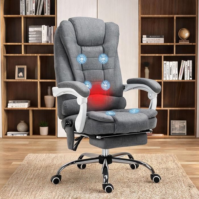 Fauteuil de bureau massant chauffant en toile de lin gris avec repose-pieds et dossier - Gris Tissus 65 x 70 x 119 cm Ref 0TAAYO