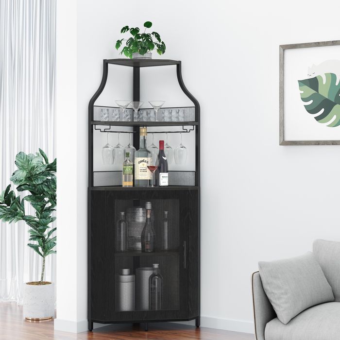 Meuble bar dangle - Porte grillagée - Rangement 5 niveaux - Rustique industriel - Salon/cuisine/ bar - 47 x 34 x 154 cm