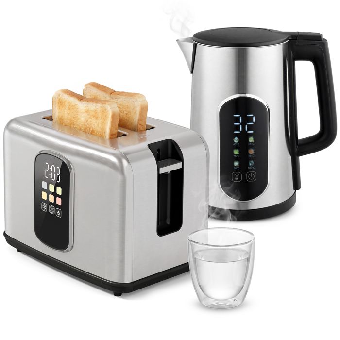 Ensemble bouilloire et grille-pain - HOMCOM - bouilloire 2200 W 1 5 L - grille-pain 2 tranches - acier inoxydable - argenté
