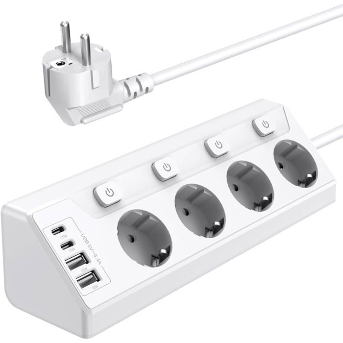 Prise Plan de Travail Cuisine Multiprises avec 2 Ports USB A et 2 Ports USB C Rallonge Électrique 2m pour Meuble Canapé Bureau Table