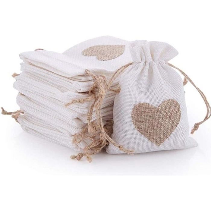 30 Pcs Sachets en Toile de Jute Pochettes avec Cordon et Motif de Coeur