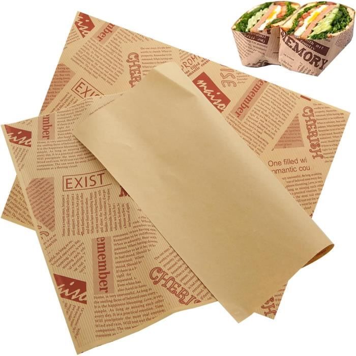 Lot De 100 Feuilles De Papier Sulfurisé Kraft - 25x25 Cm - Style Journal Vintage - Pour Hamburgers, Frites, Sandwichs, Emballage Alimentaire - 4