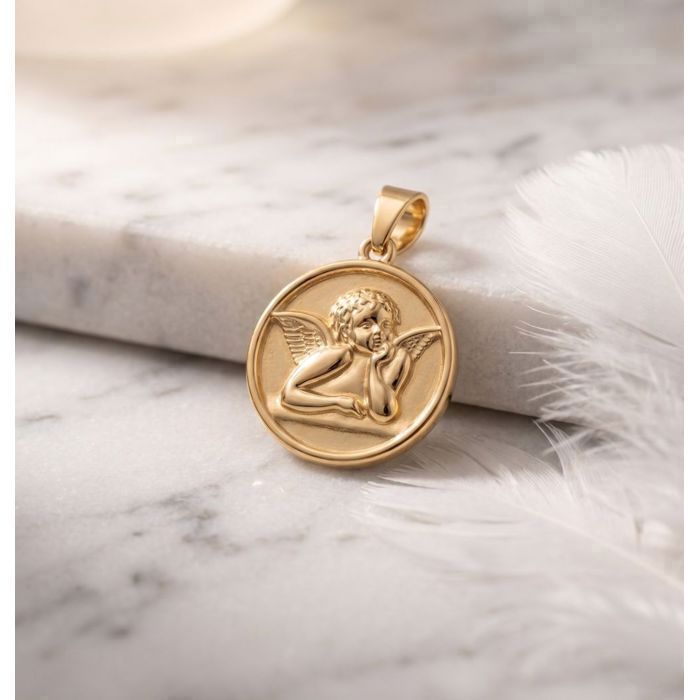 Pendentif - Médaille - Ange Gardien - Plaqué Or Jaune 585/1000 - Grand Modèle - 35 x 25 mm - Adulte