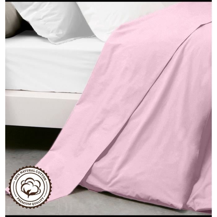 Drap Plat - Rose Pale - 180x290 cm - 100% Coton - Lavable en machine - 1 Personne 