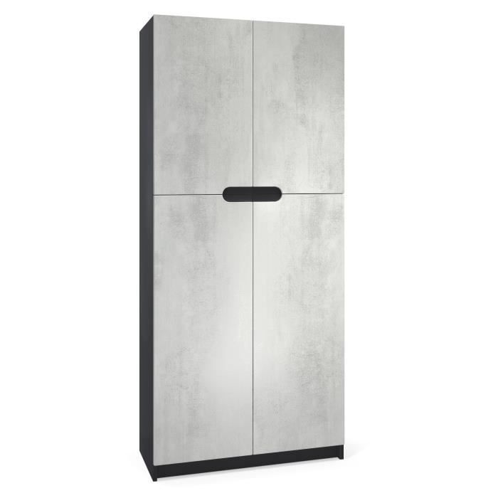 Vladon Armoire de bureau Rangement Logan Corps en Noir mat Façades en Aspect Béton Oxyde
