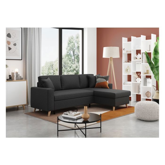 Canapé dangle MARIA SCANDINAVE Réversible et convertible Avec Coffre en Tissu - Gris foncé - L227 x 148 x 95cm - LOUNGITUDE