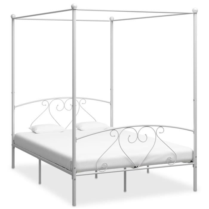 lit à baldaquin en métal 140x200 cm - 3621mode - blanc - king size - lit double pour adulte enfant