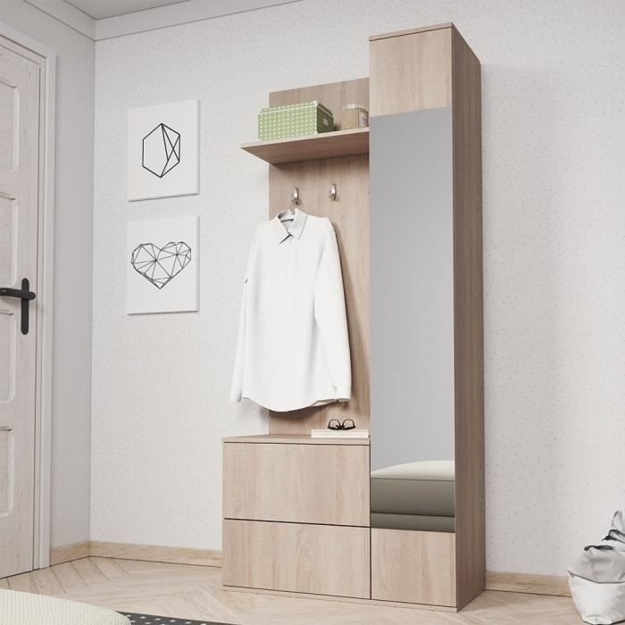 Vestiaire d'entrée - CHELSY - 90 cm - effet chêne clair ...